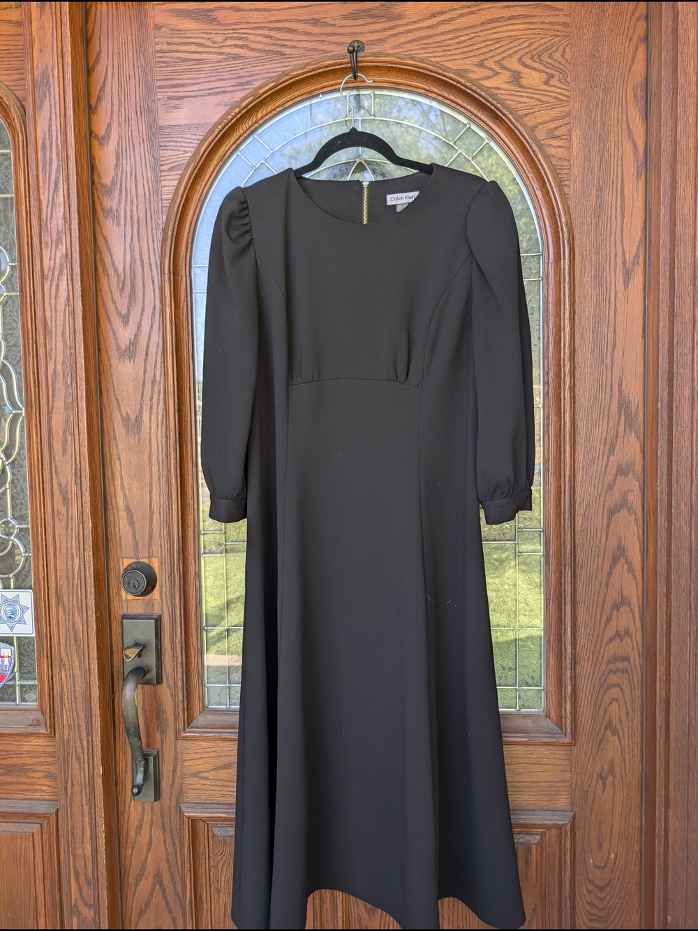 Calvin Klein Black Puff Sleeve Midi Dress Empire Waist Gold Zip